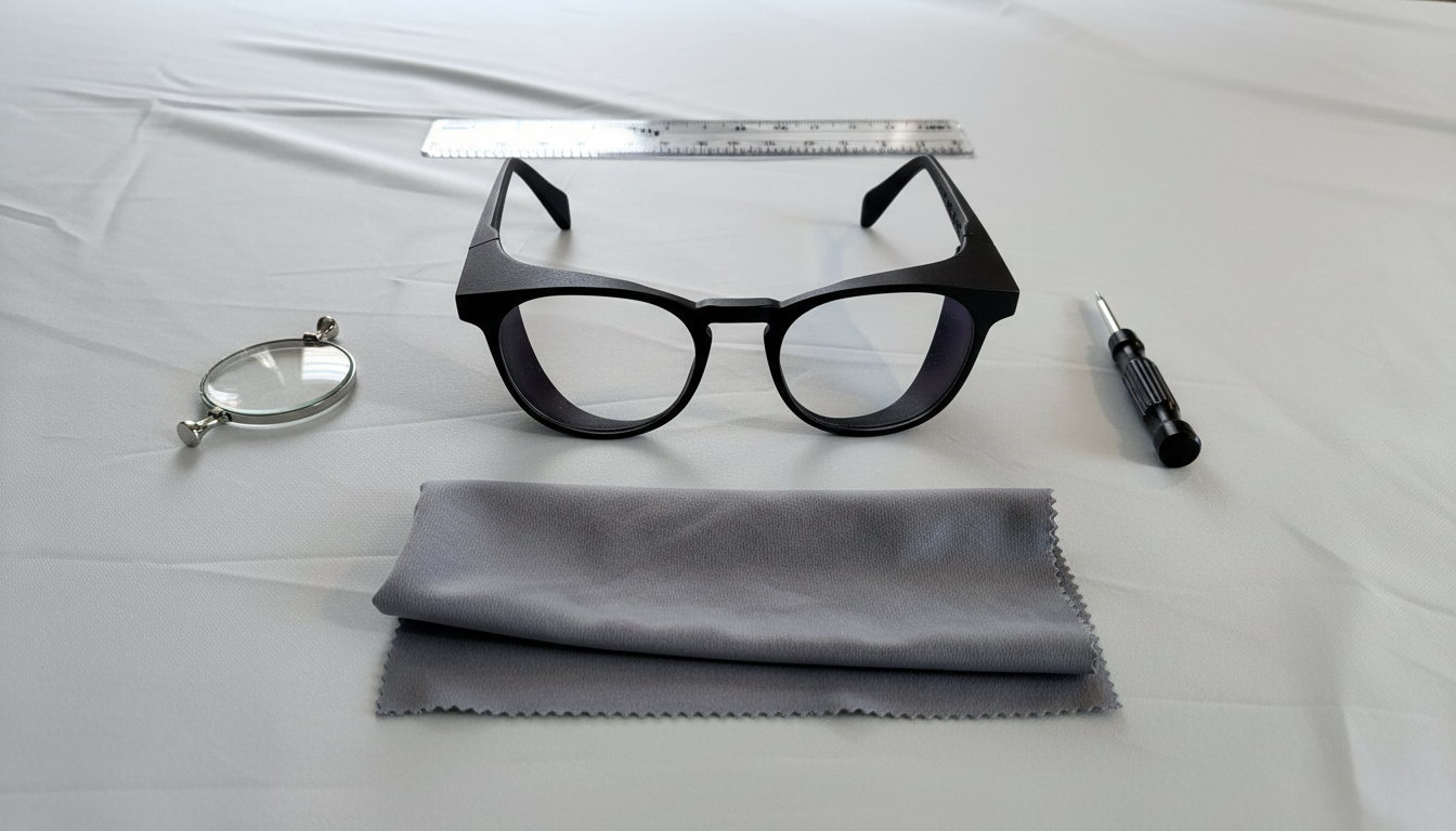 Matte black side-shielded glasses on an optician's white bench with tools